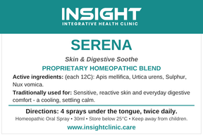SERENA product label — Skin & Digestive Soothe, active ingredients and directions