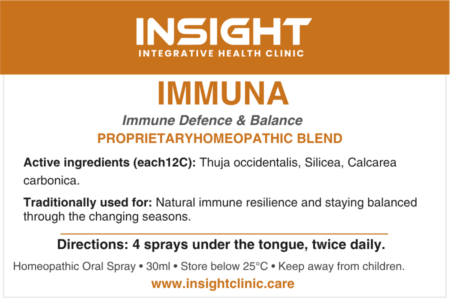 IMMUNA product label — Immune Defence & Balance, active ingredients and directions