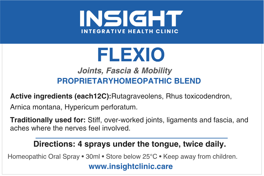 FLEXIO product label — Joints, Fascia & Mobility, active ingredients and directions