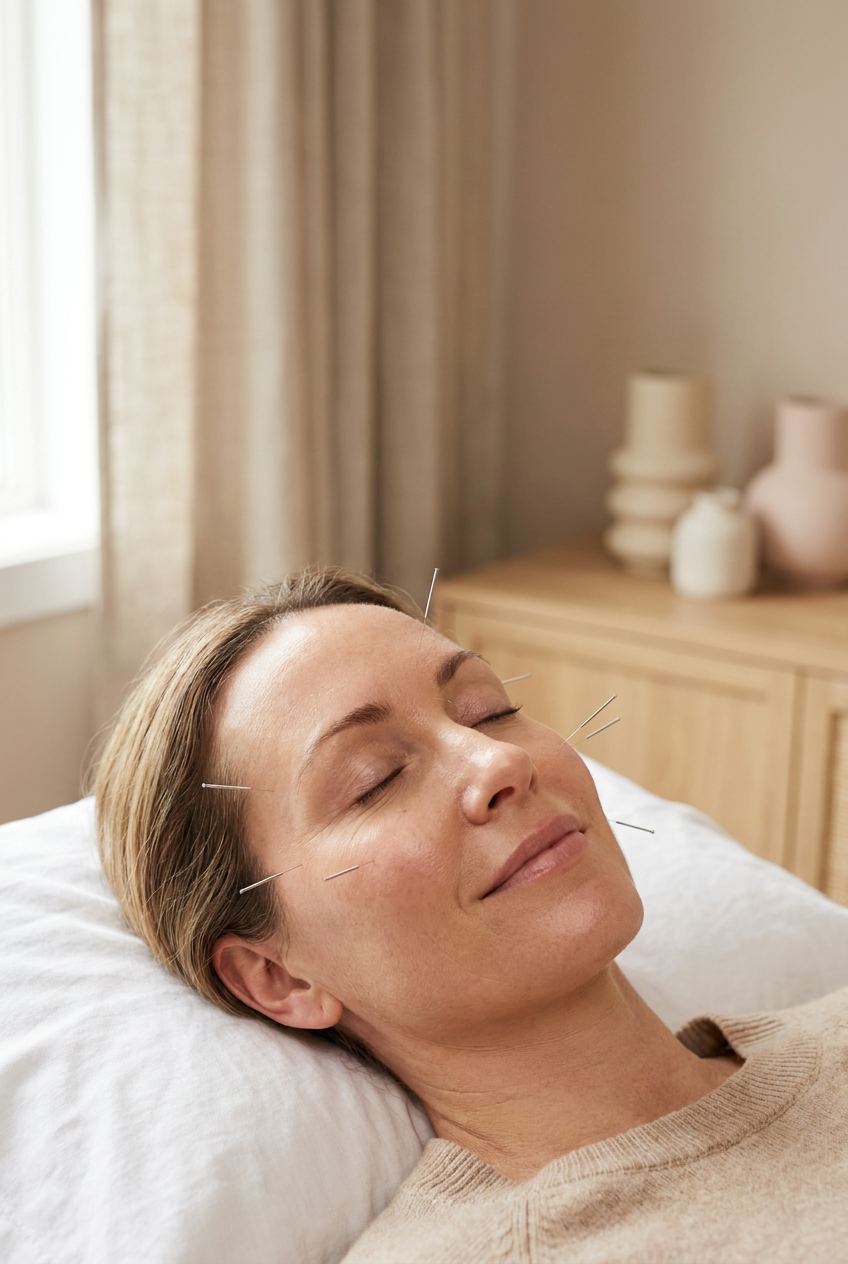 A woman relaxing during a cosmetic acupuncture session in a calm clinic treatment room