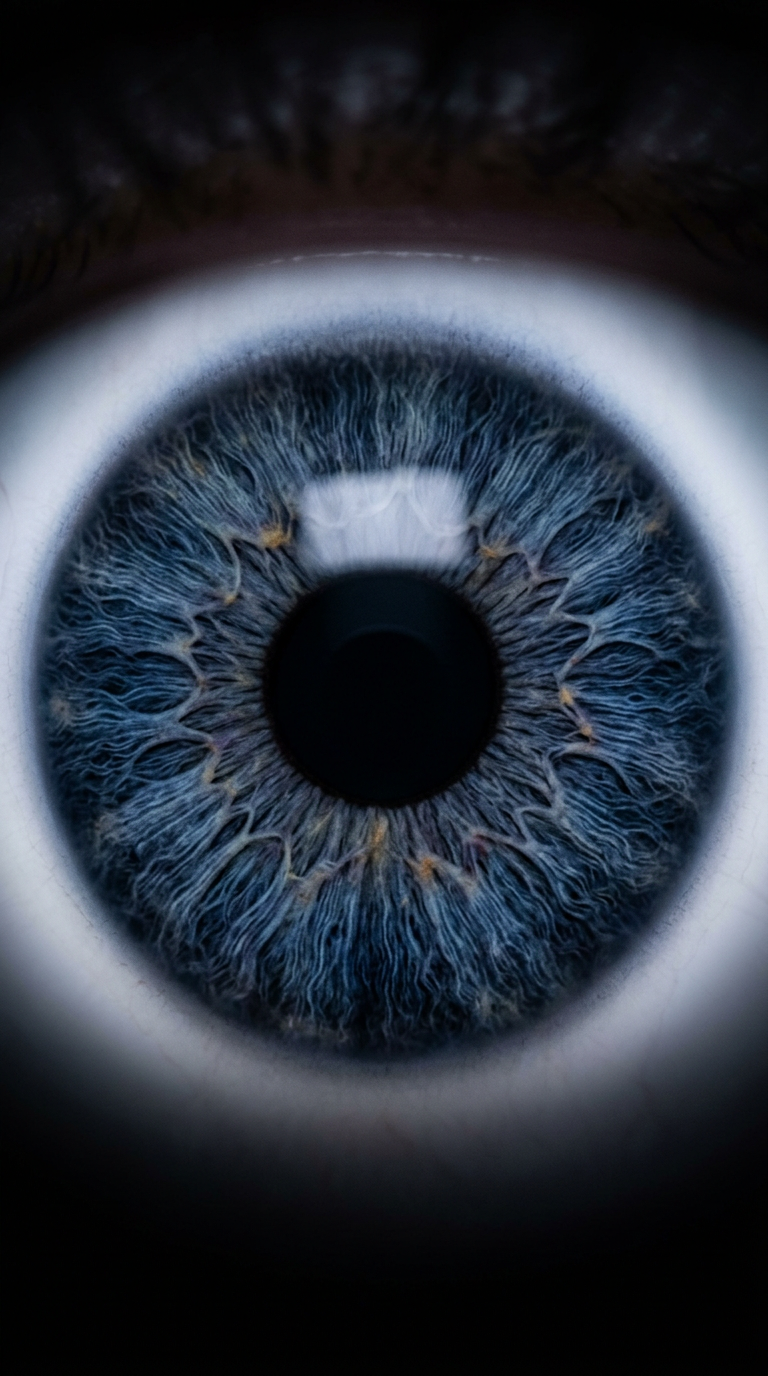 Extreme close-up of a blue human iris showing the fibre detail examined during ophthalmic somatology analysis