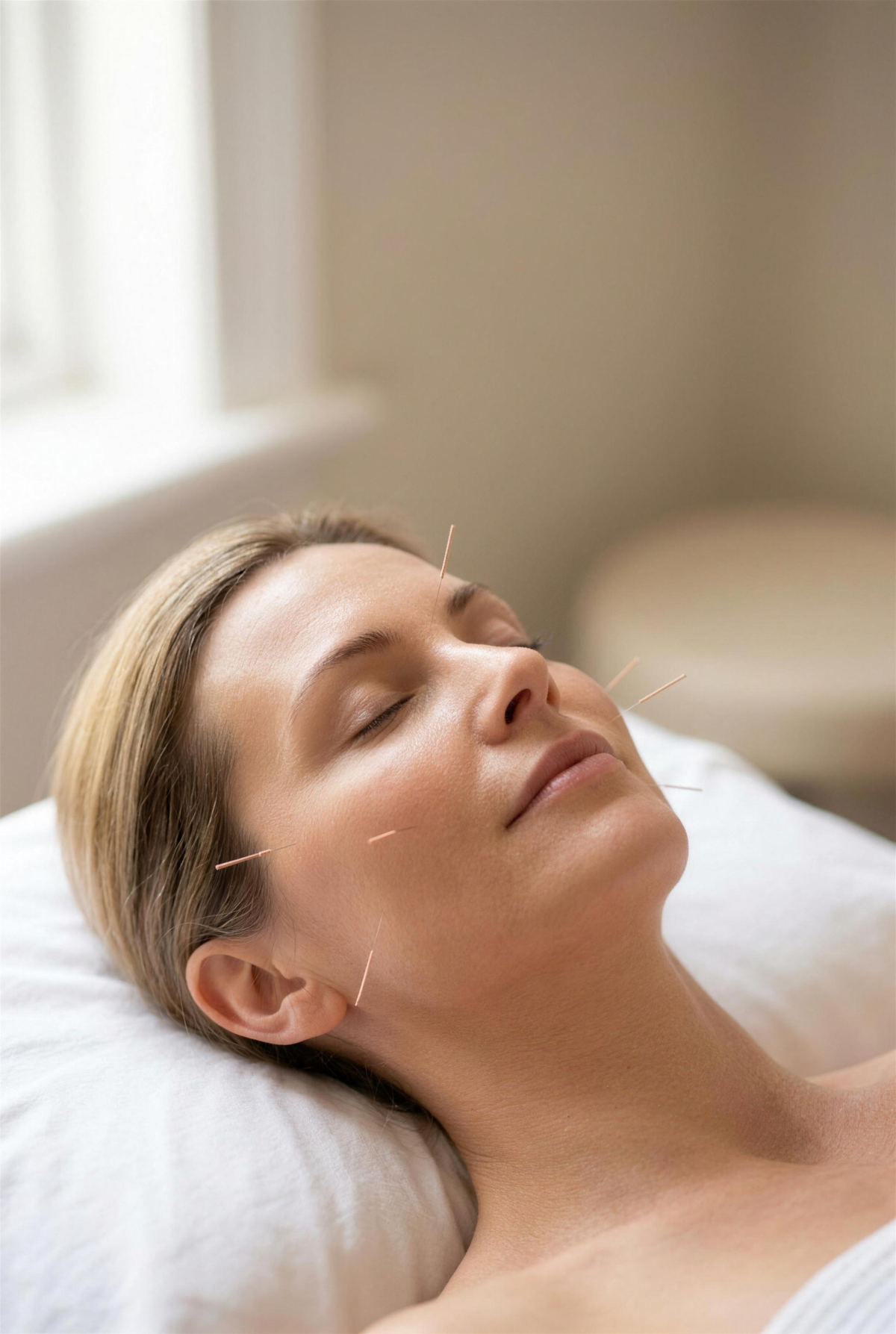 A woman lying back with her eyes closed during a cosmetic acupuncture treatment, with fine needles placed on her forehead and cheek